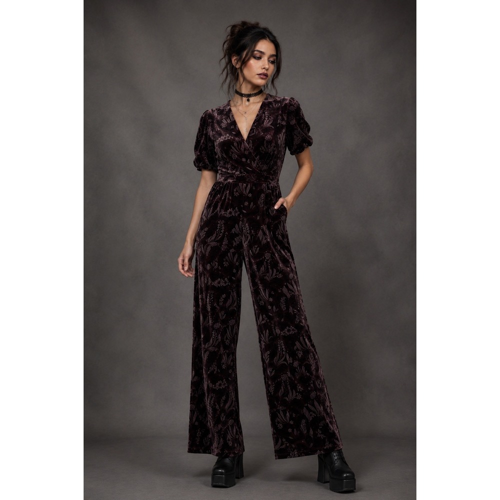 Disturbia Velvet Jumpsuit Women 10 Burgundy Floral Wide Leg Celestial Whimsigoth